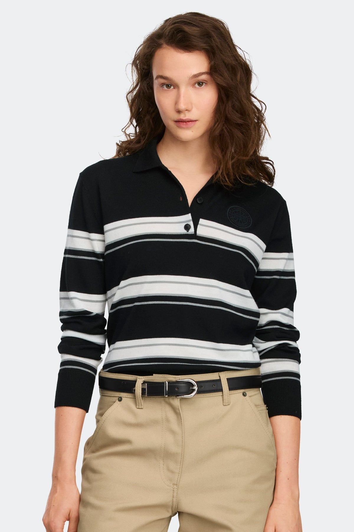 Melrose 条纹针织长袖 Polo 衫