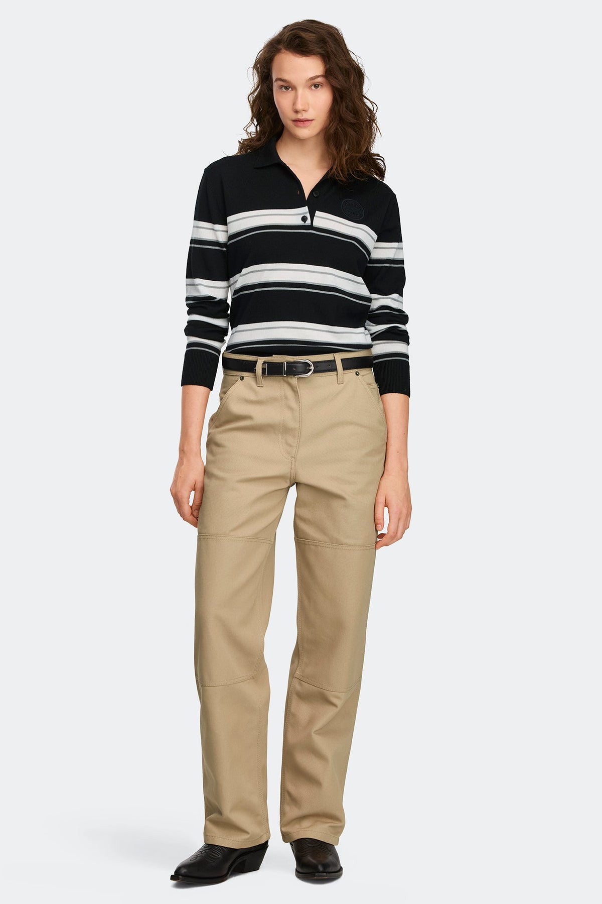 Melrose 条纹针织长袖 Polo 衫