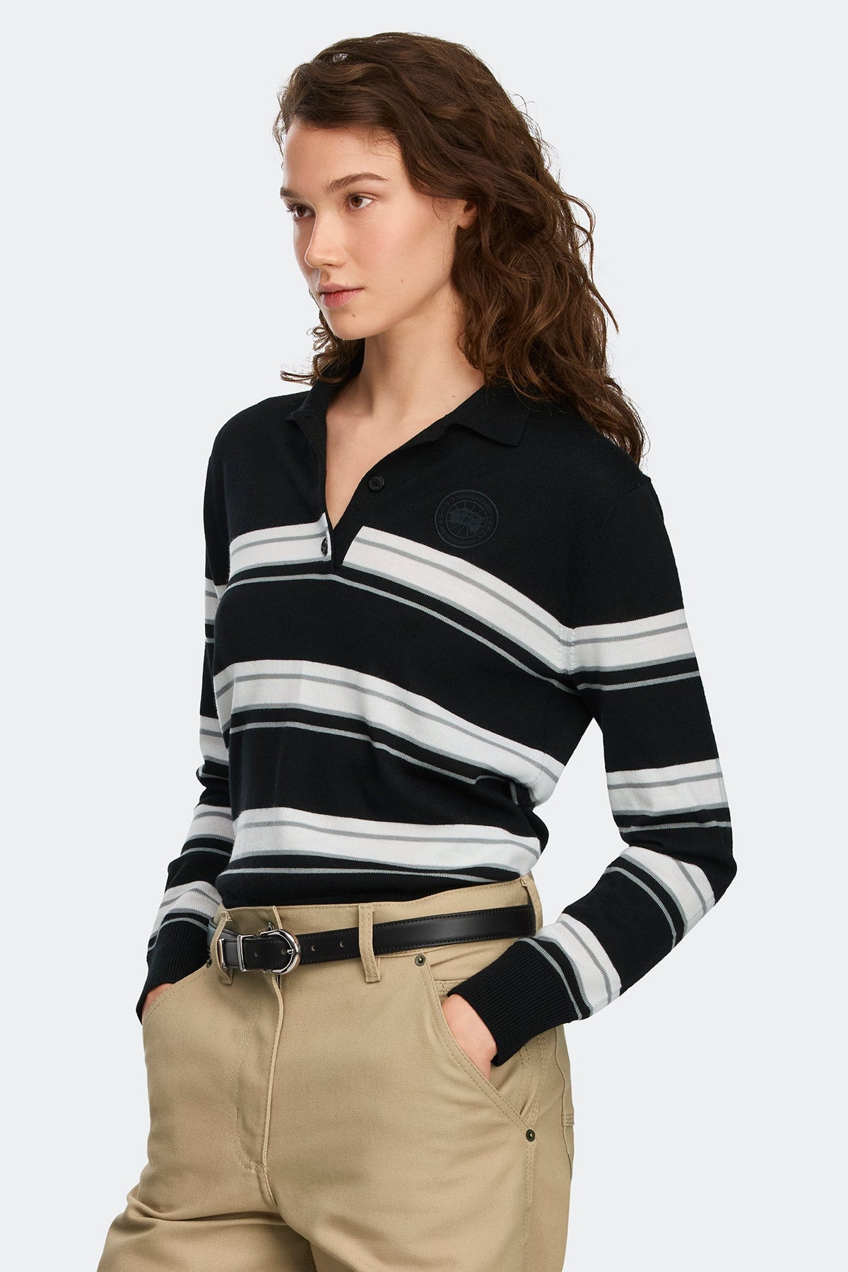 Melrose 条纹针织长袖 Polo 衫