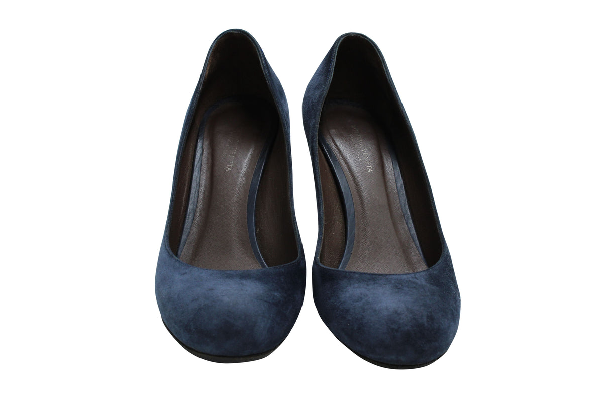 Bottega Veneta Round Toe Wedge in Navy Blue Suede