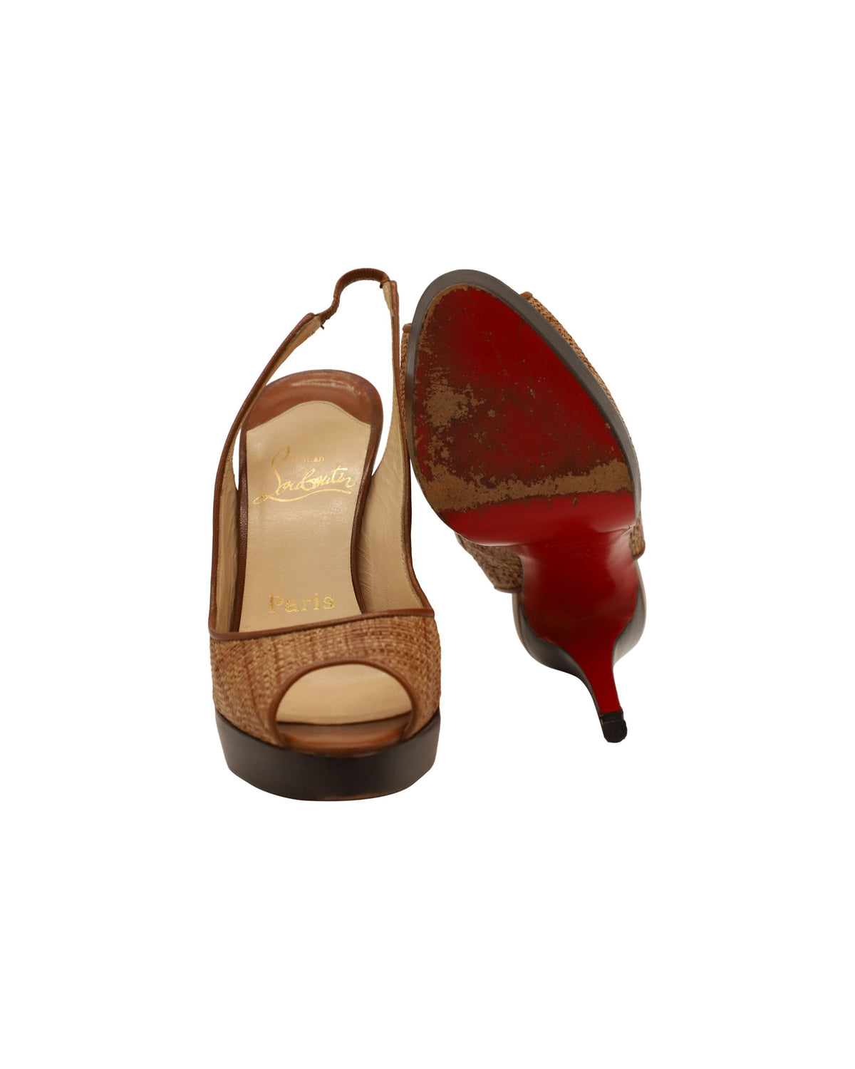Christian Louboutin Slingback Peeptoe Pump Shoes in Brown Raffia