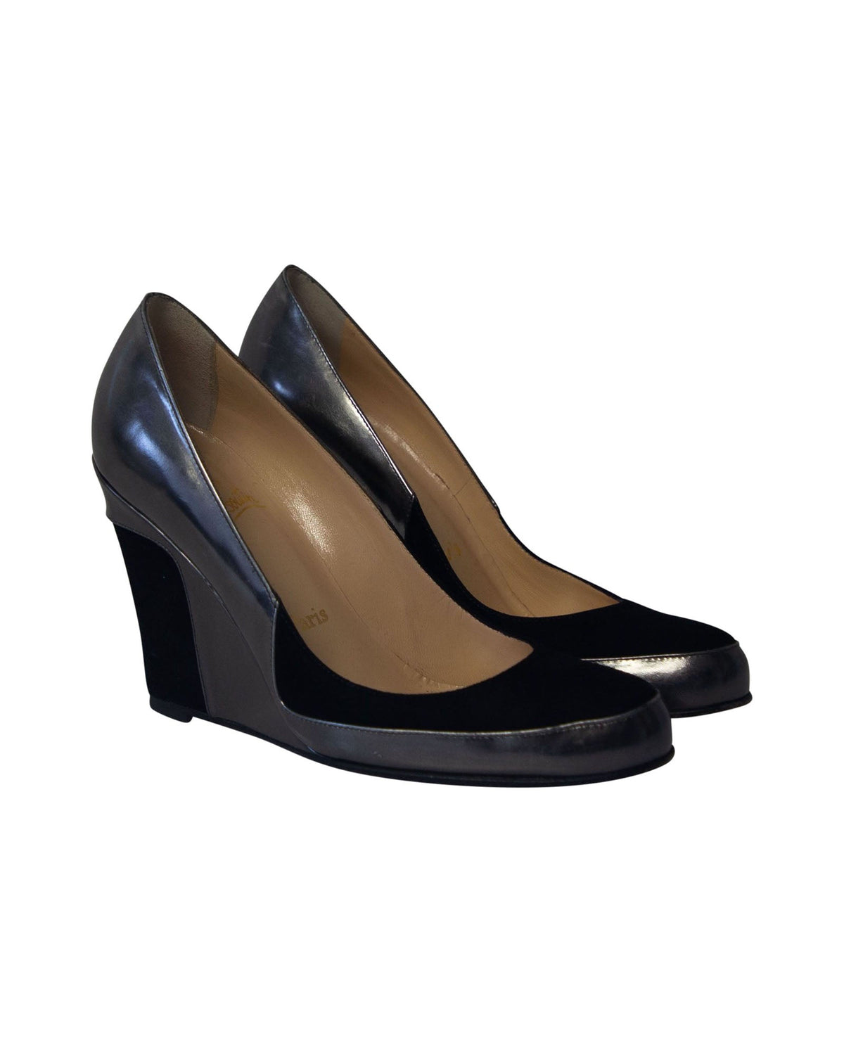 Christian Louboutin Metallic Wedge Pumps in Grey Leather
