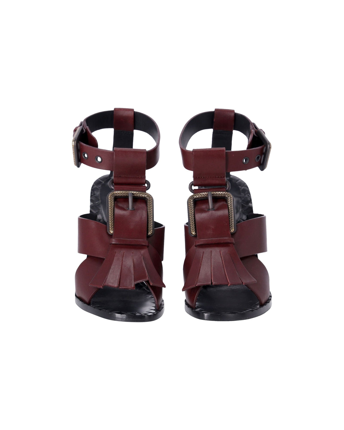 Bottega Veneta Fringe Buckle T-strap Block Heel Sandals in Maroon Leather