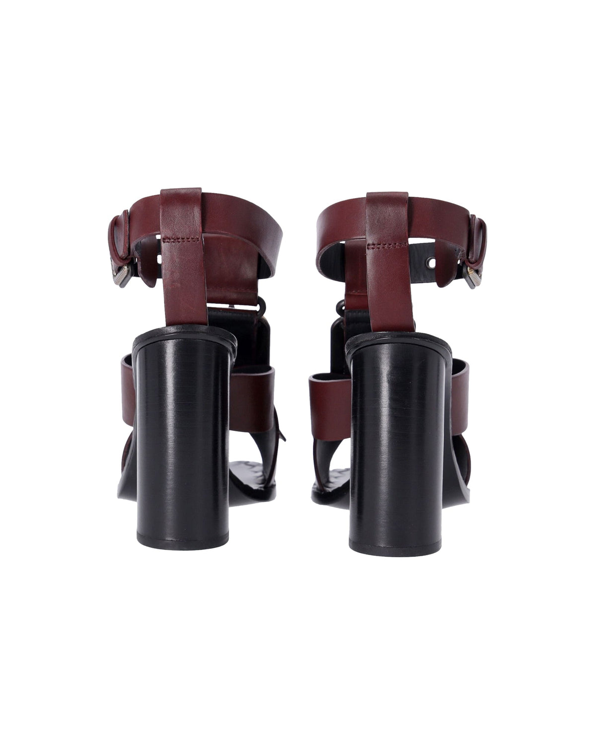 Bottega Veneta Fringe Buckle T-strap Block Heel Sandals in Maroon Leather