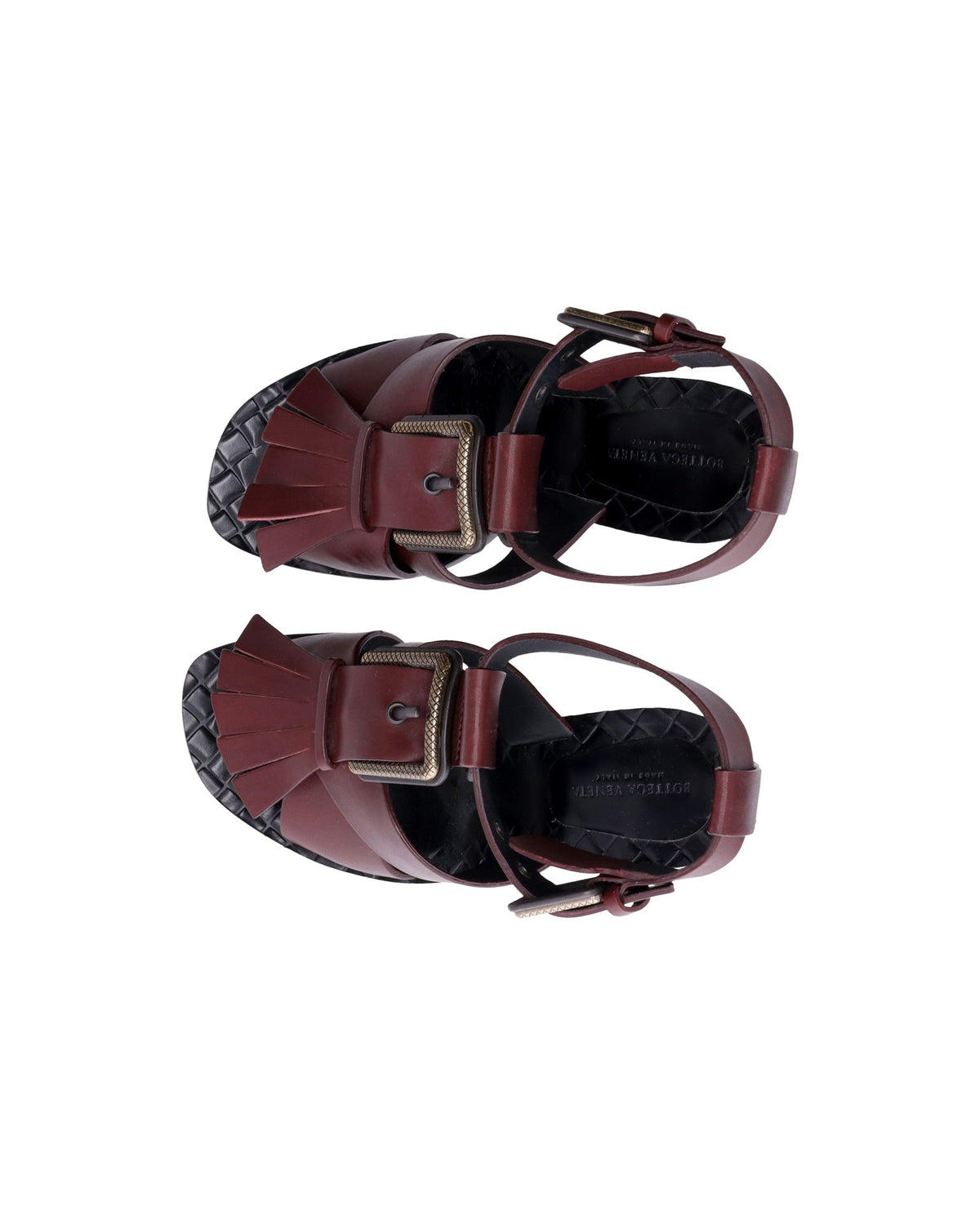 Bottega Veneta Fringe Buckle T-strap Block Heel Sandals in Maroon Leather
