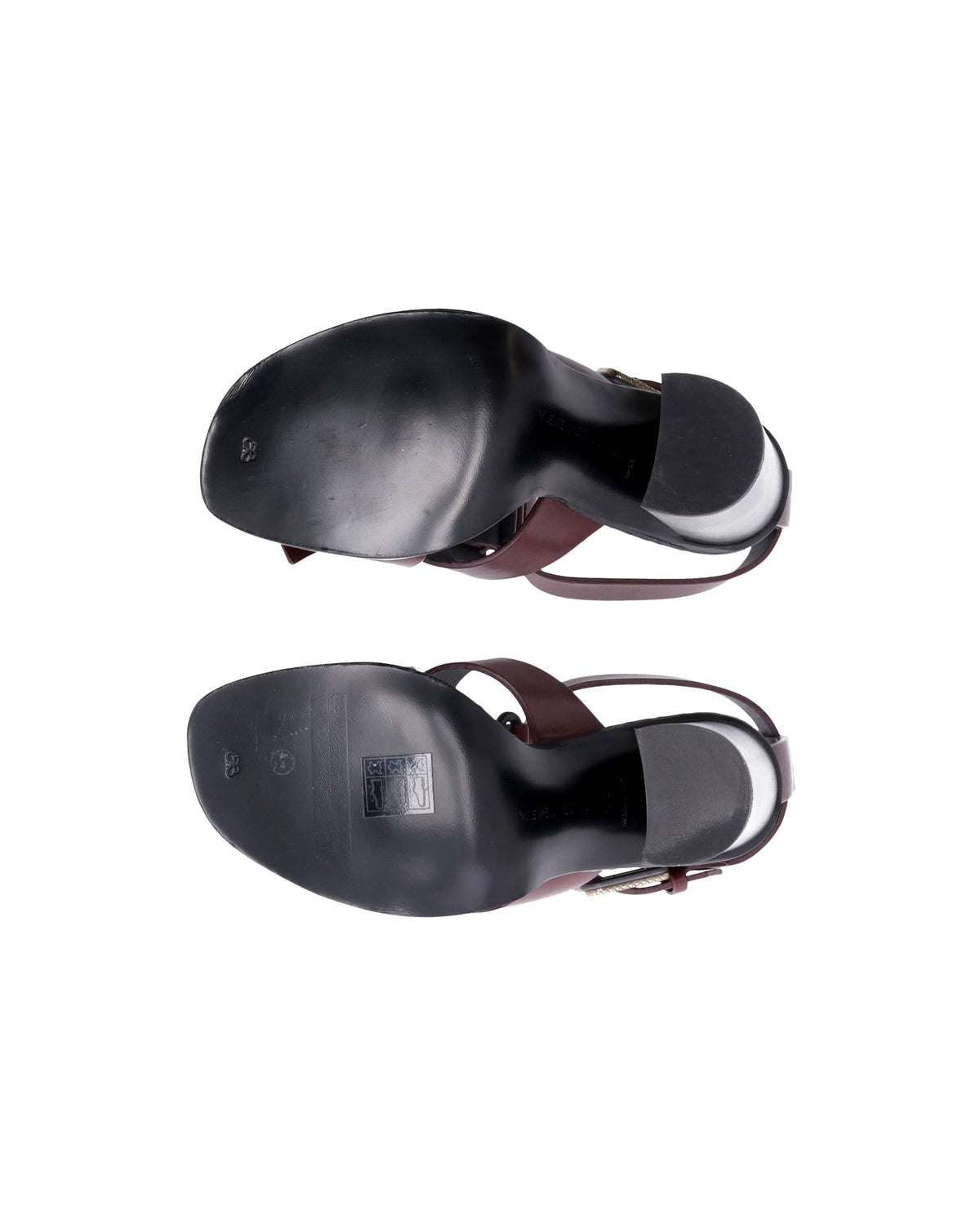 Bottega Veneta Fringe Buckle T-strap Block Heel Sandals in Maroon Leather