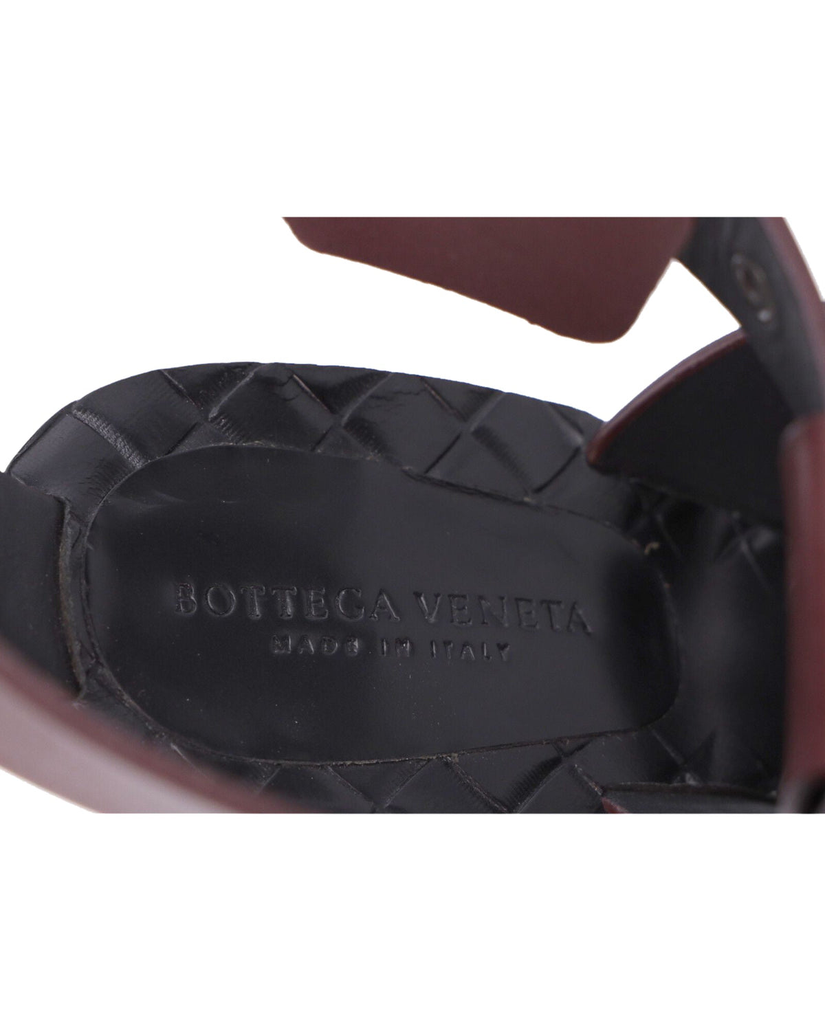 Bottega Veneta Fringe Buckle T-strap Block Heel Sandals in Maroon Leather