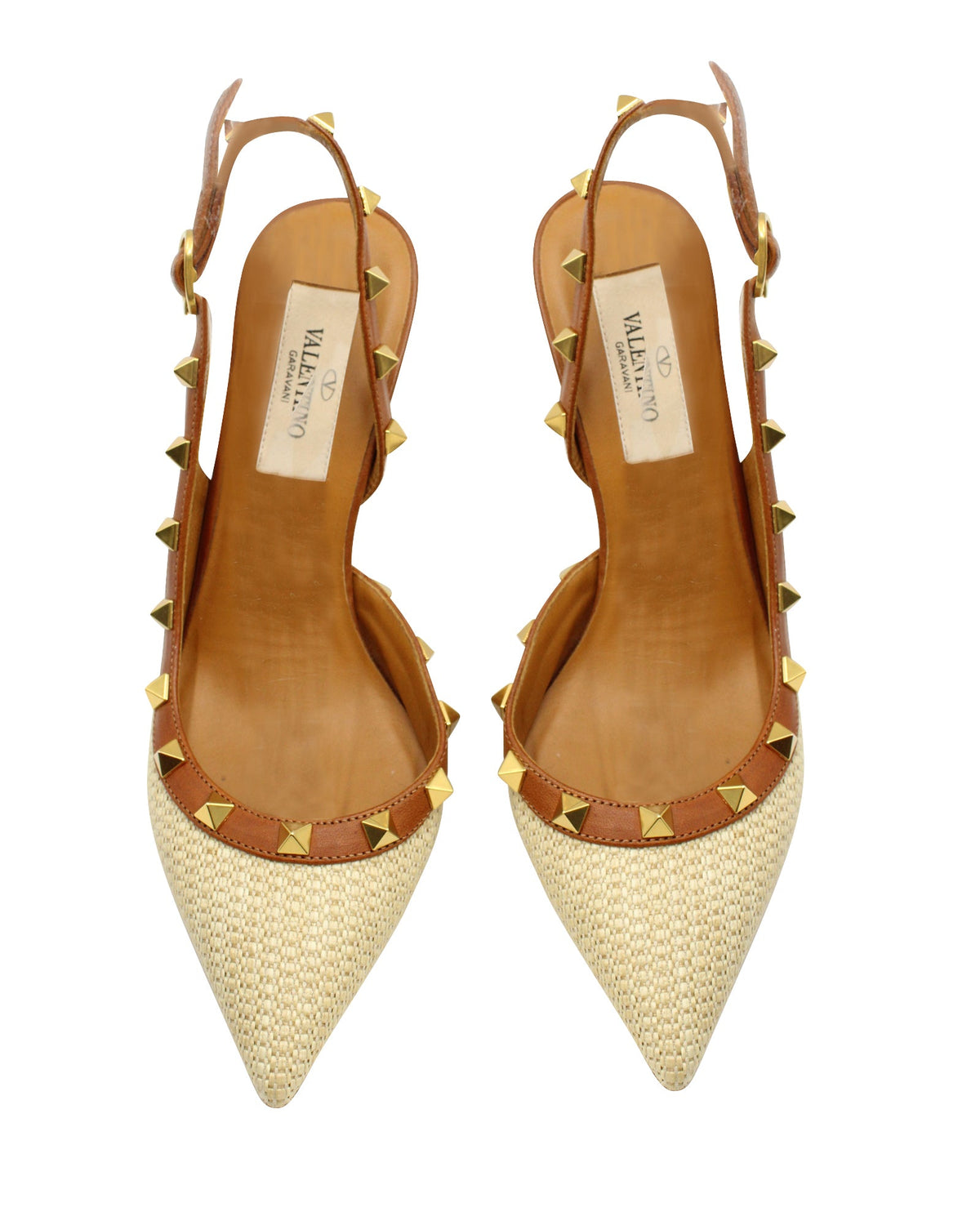 Valentino Garavani Rockstud Leather Trimmed Slingback Heels in Beige Raffia