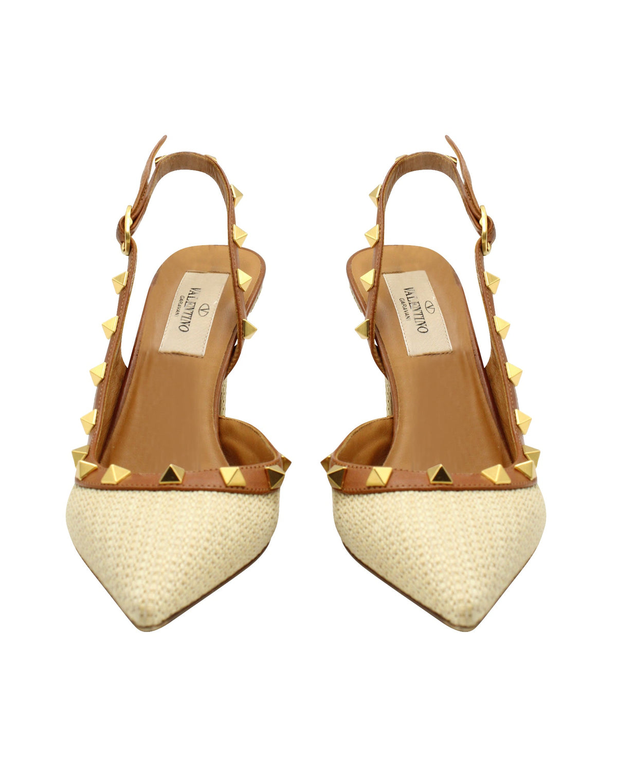 Valentino Garavani Rockstud Leather Trimmed Slingback Heels in Beige Raffia