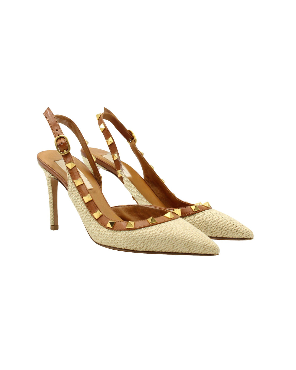 Valentino Garavani Rockstud Leather Trimmed Slingback Heels in Beige Raffia