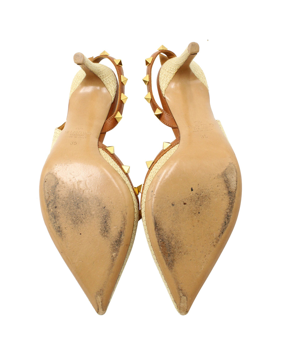 Valentino Garavani Rockstud Leather Trimmed Slingback Heels in Beige Raffia