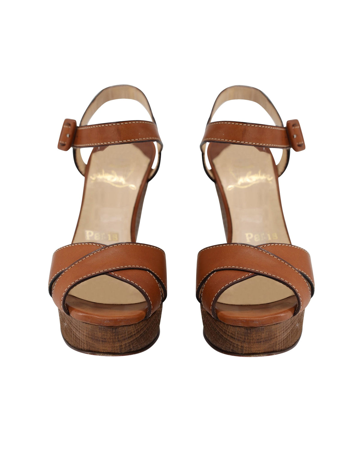 Christian Louboutin Wedge Heel Sandals in Caramel Brown Leather