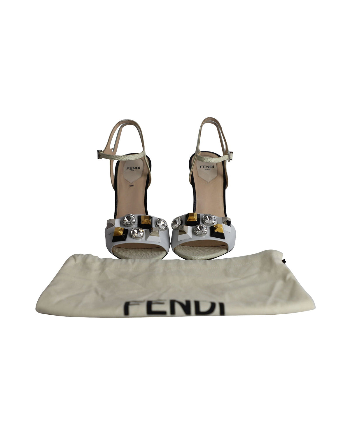 Fendi Crystal Embellished Open Toe Sandals in White Leather