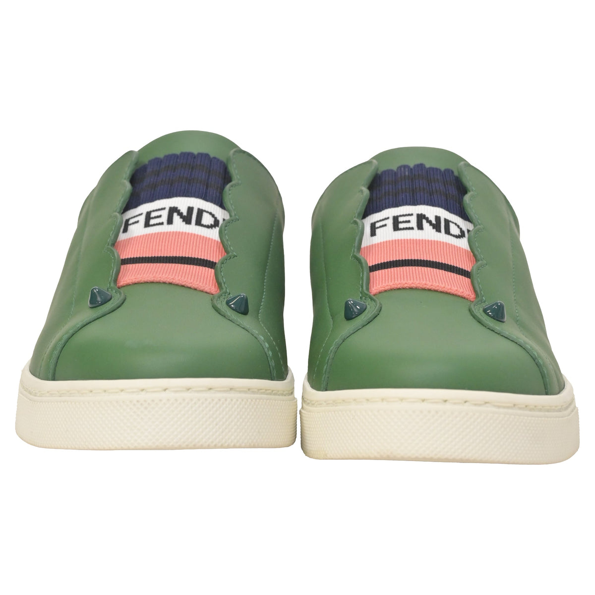 Fendi Vitello Lurex Rockoclick Slip-On Sneakers in Olive Green Leather