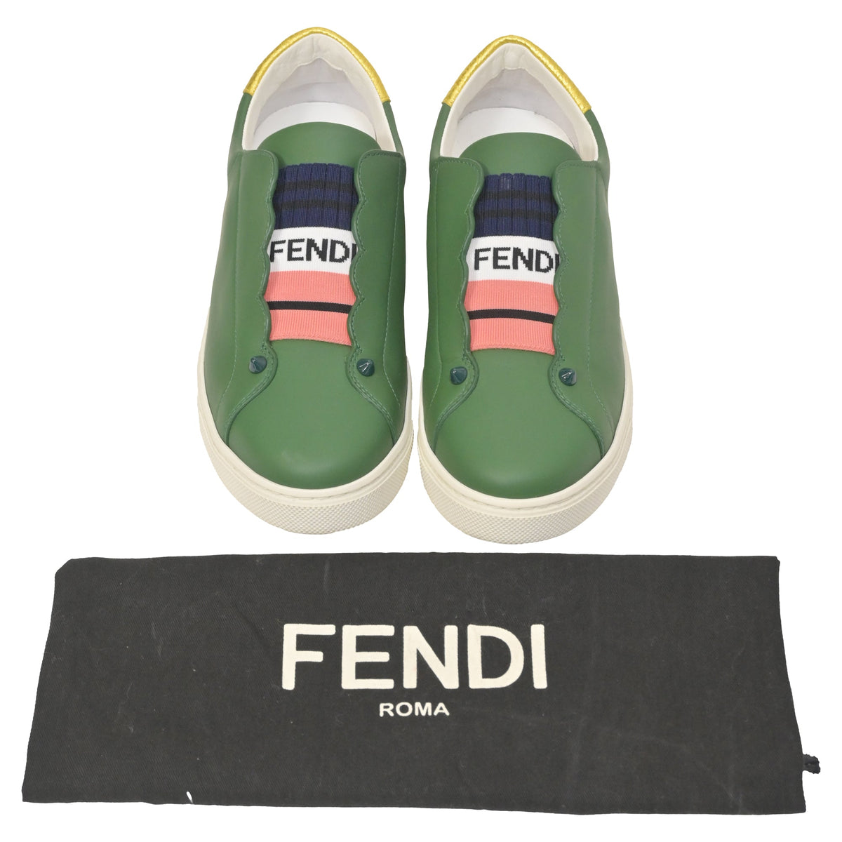 Fendi Vitello Lurex Rockoclick Slip-On Sneakers in Olive Green Leather