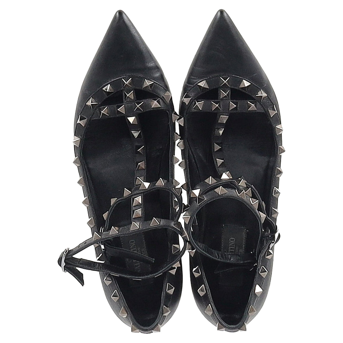 Valentino Garavani Rockstud Caged Strap Ballet Flats in Black Leather