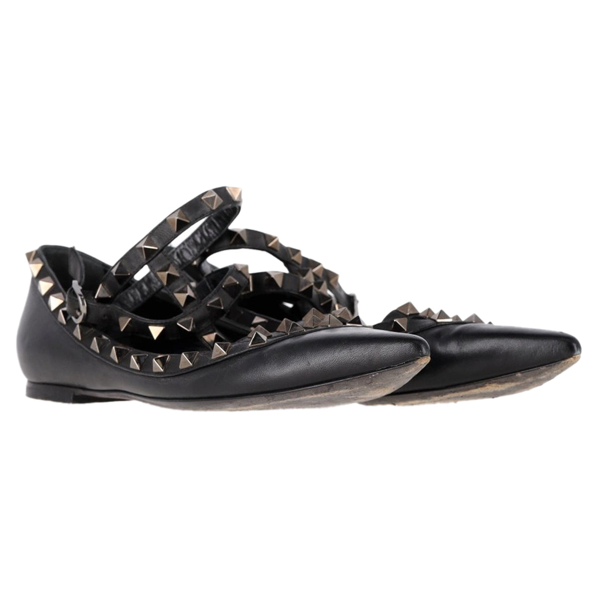 Valentino Garavani Rockstud Caged Strap Ballet Flats in Black Leather