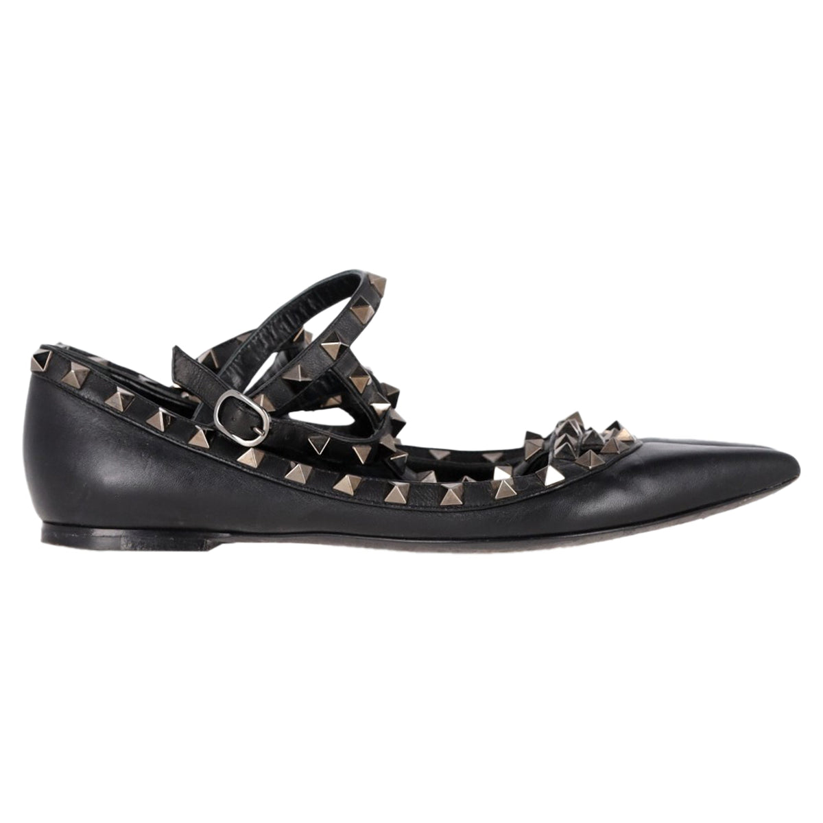Valentino Garavani Rockstud Caged Strap Ballet Flats in Black Leather