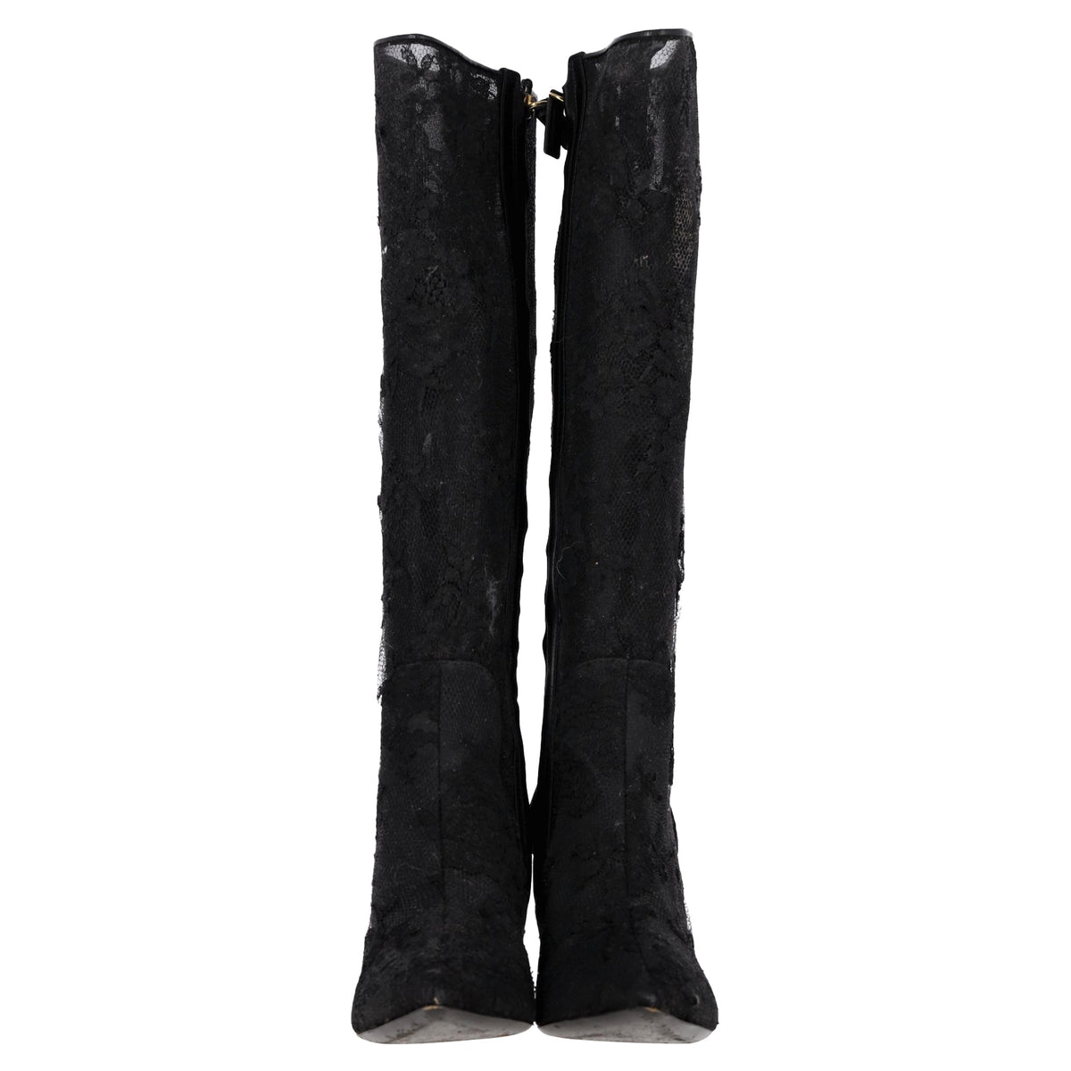 Valentino Garavani Floral Lace Detail High Heel Mid-Calf Boots in Black Polyester