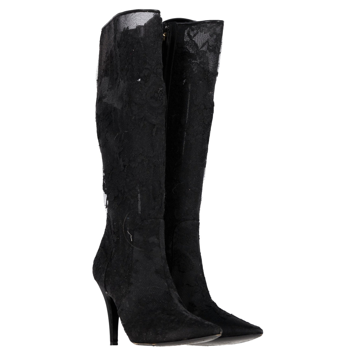 Valentino Garavani Floral Lace Detail High Heel Mid-Calf Boots in Black Polyester