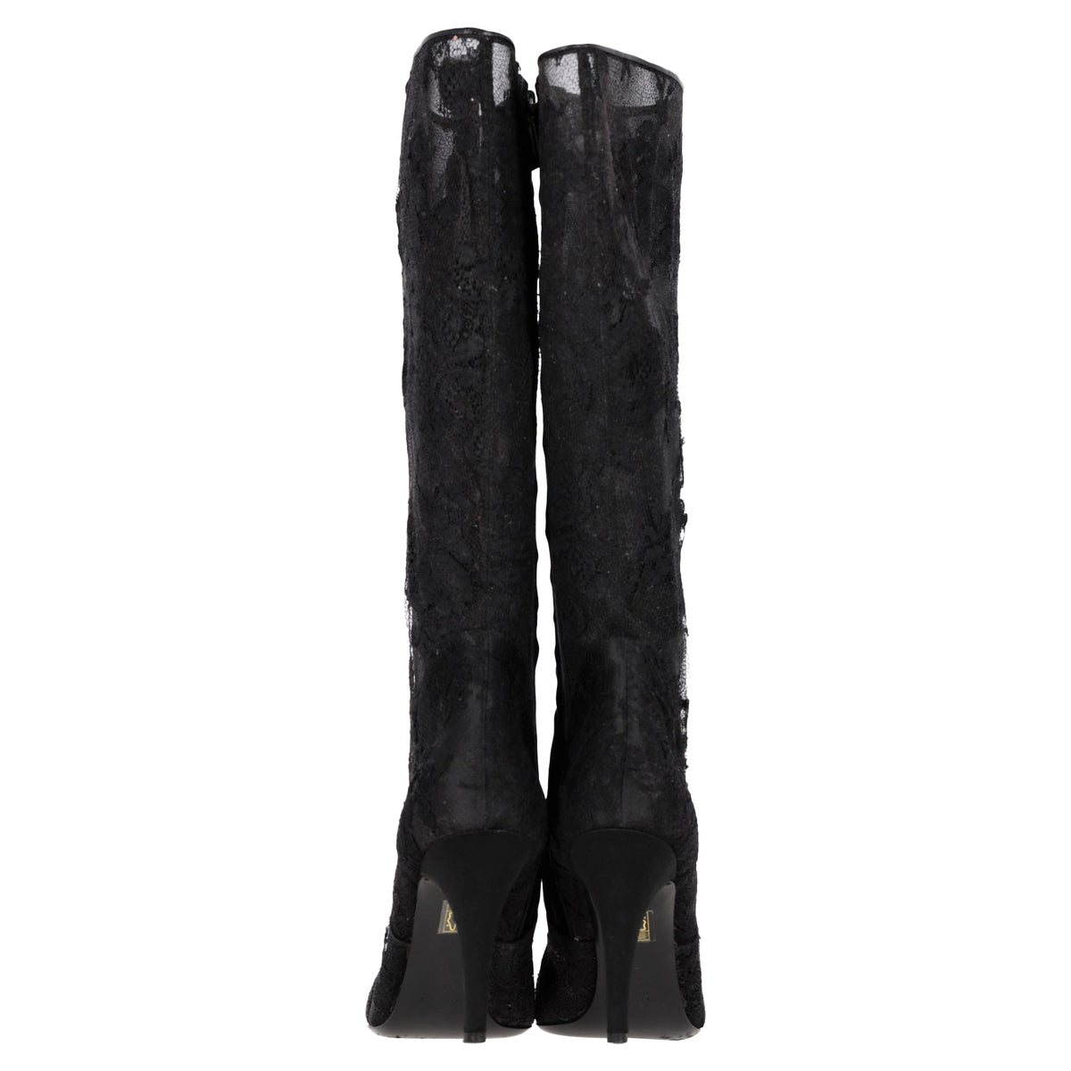 Valentino Garavani Floral Lace Detail High Heel Mid-Calf Boots in Black Polyester