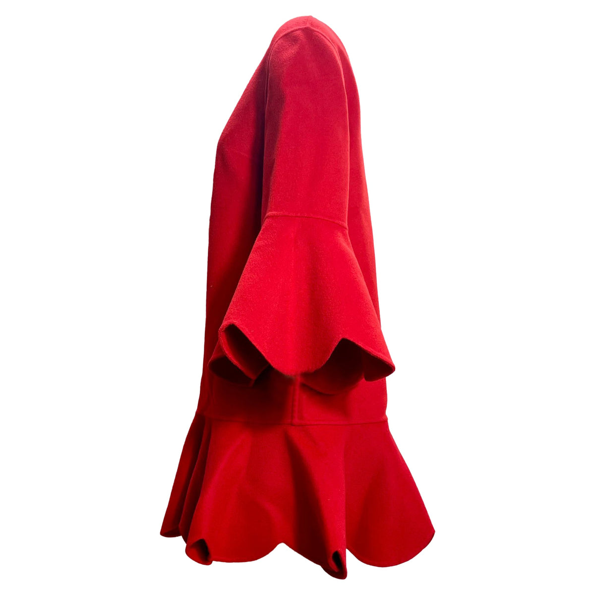 Valentino Garavani Ruffled Hem Bell Sleeve Coat in Red Wool