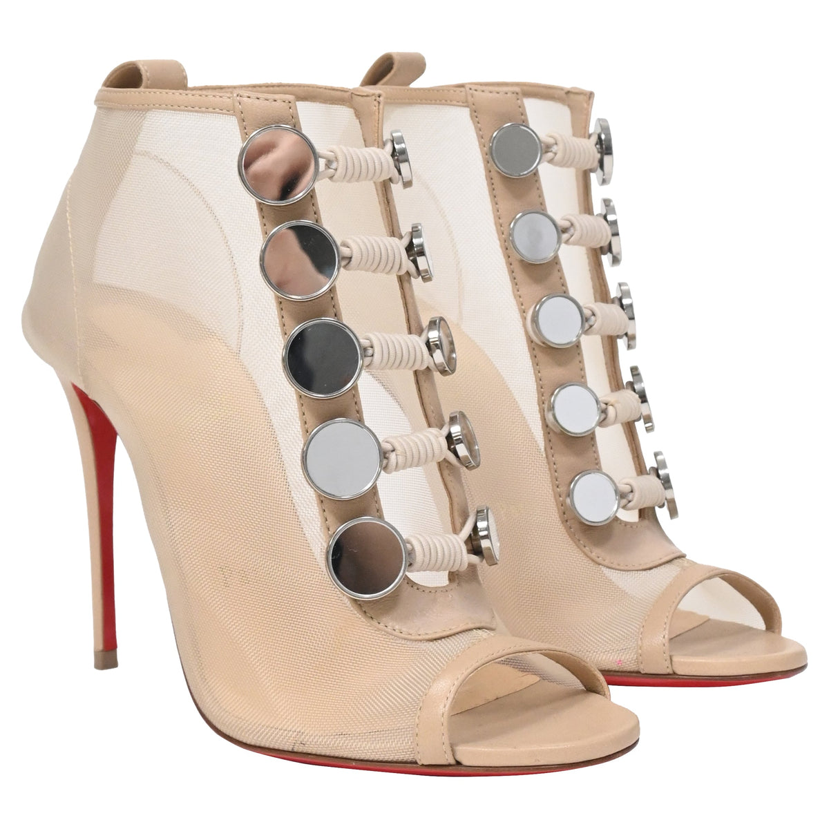 Christian Louboutin Marika 100 Embellished Peep-Toe Boots in Nude Mesh