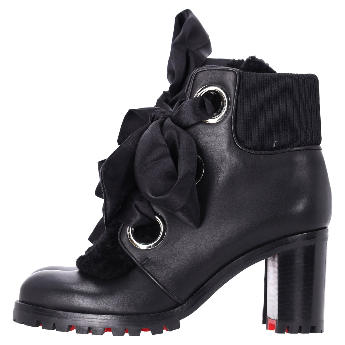 Christian Louboutin Jenny Bow Lace Heeled Ankle Boots in Black Calf Leather