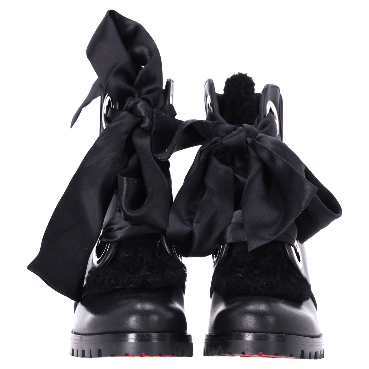 Christian Louboutin Jenny Bow Lace Heeled Ankle Boots in Black Calf Leather