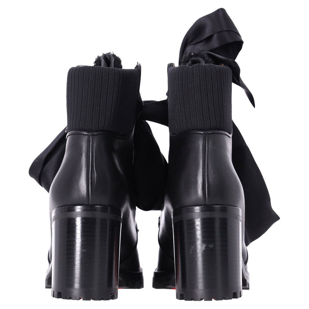 Christian Louboutin Jenny Bow Lace Heeled Ankle Boots in Black Calf Leather