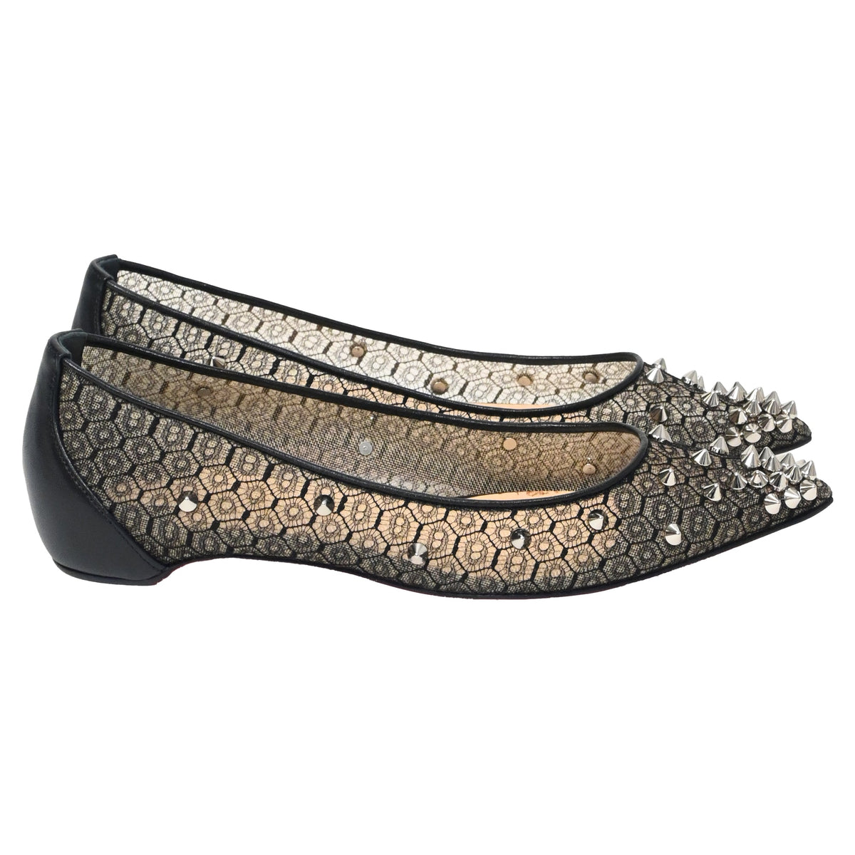 Christian Louboutin Lace Spike-Embellished Ballet Flats in Black Polyester