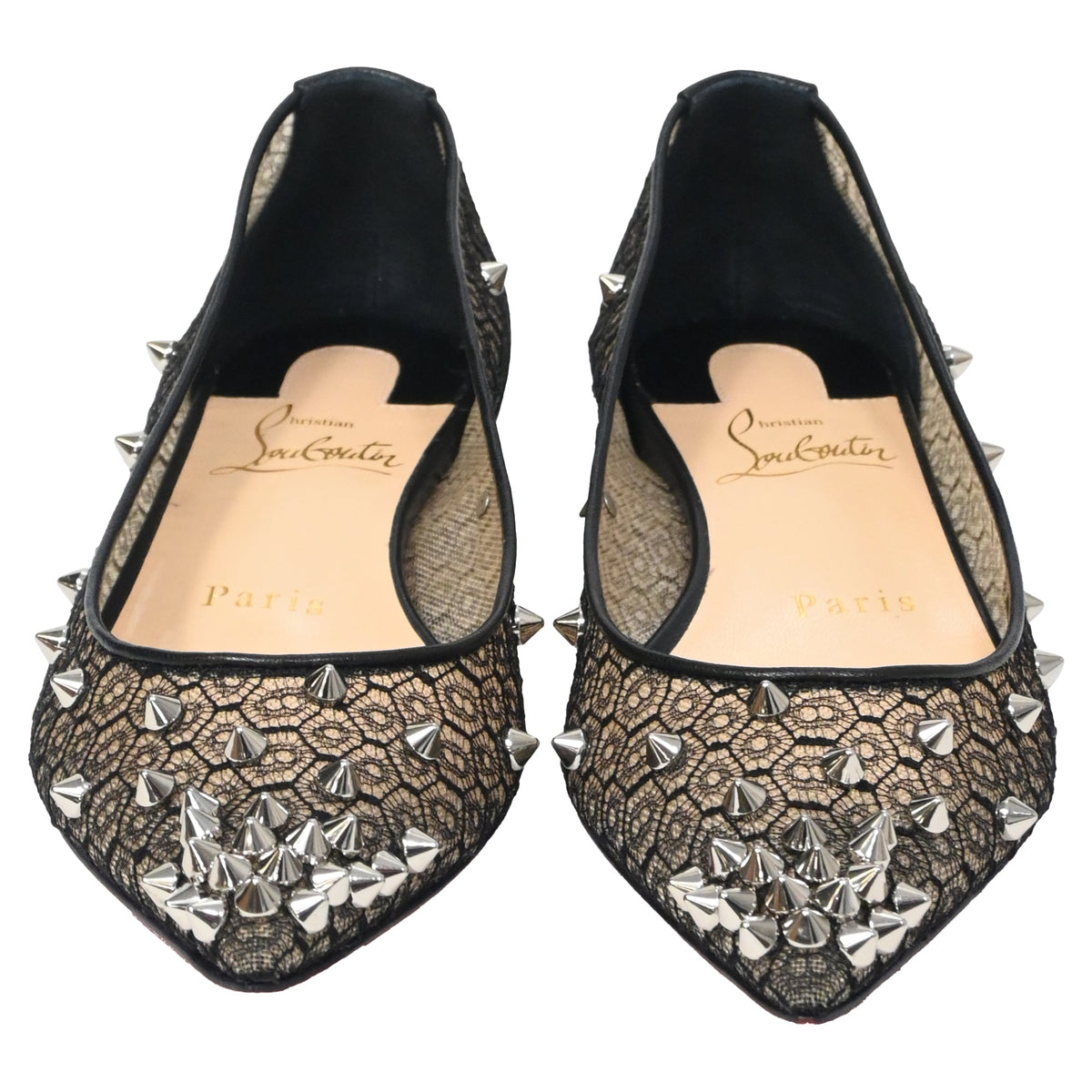 Christian Louboutin Lace Spike-Embellished Ballet Flats in Black Polyester