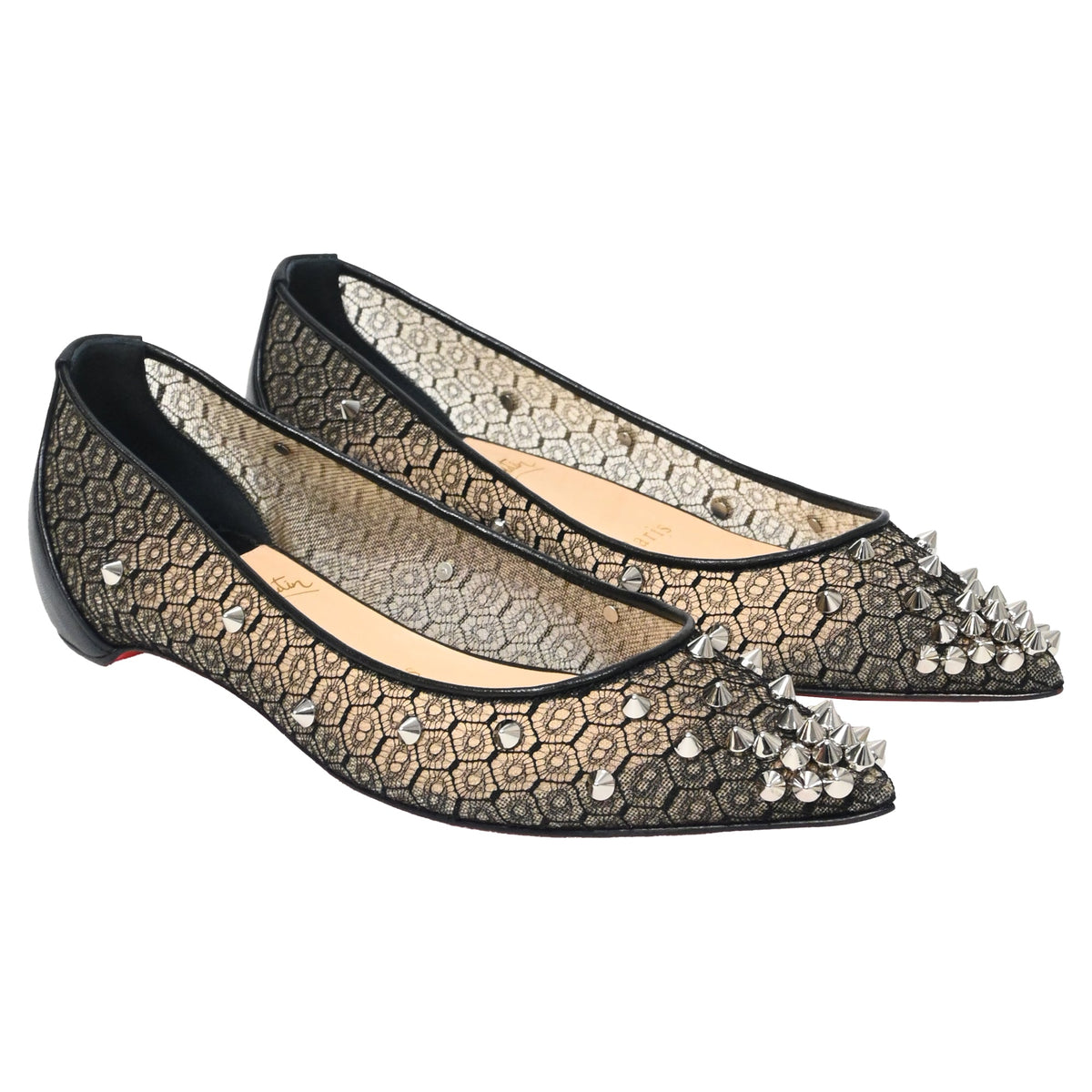 Christian Louboutin Lace Spike-Embellished Ballet Flats in Black Polyester