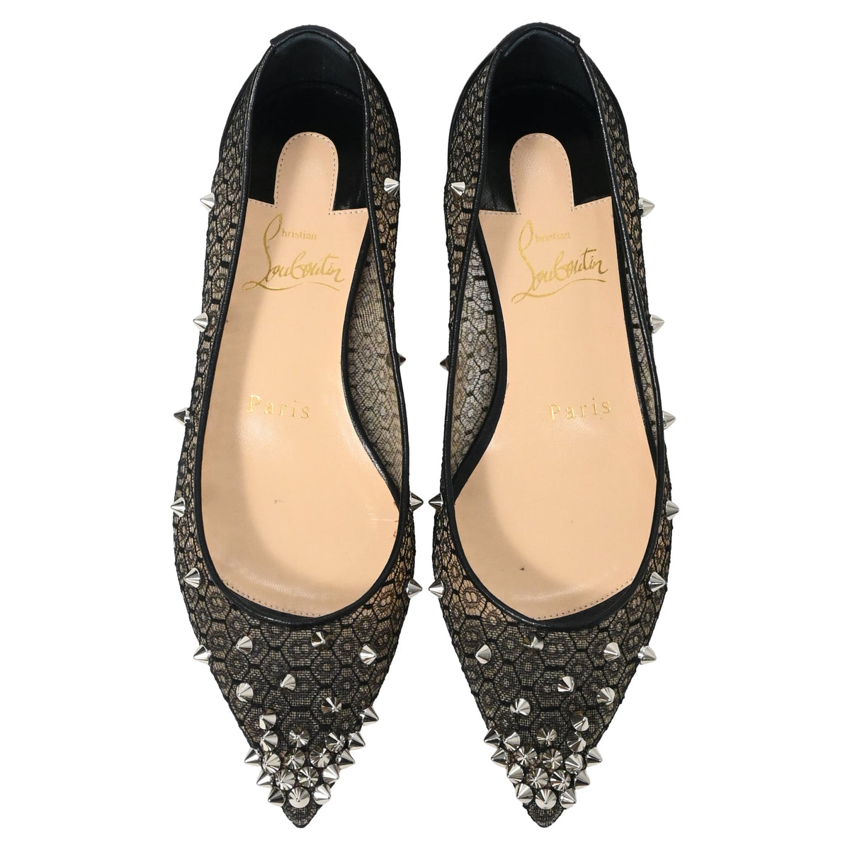 Christian Louboutin Lace Spike-Embellished Ballet Flats in Black Polyester