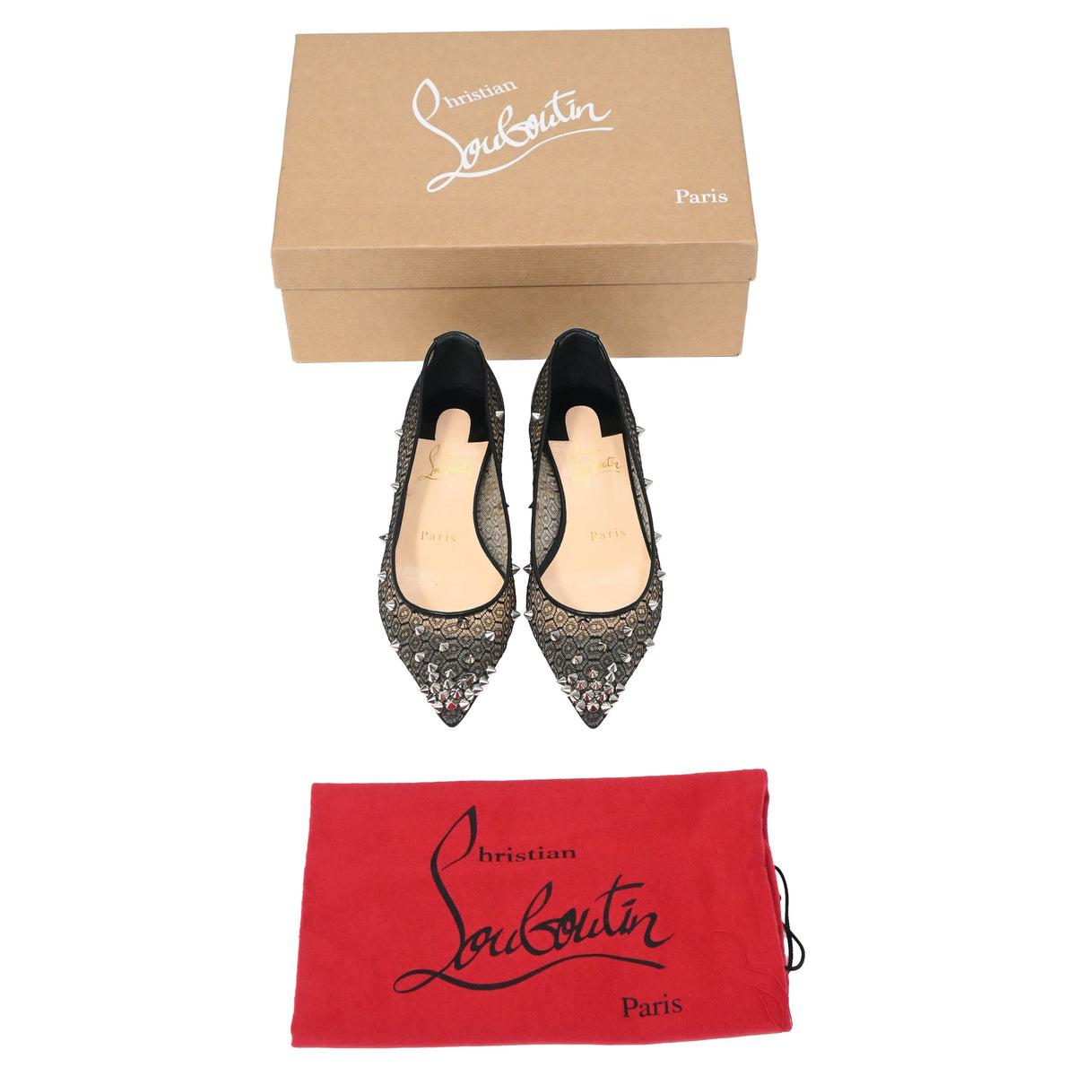 Christian Louboutin Lace Spike-Embellished Ballet Flats in Black Polyester