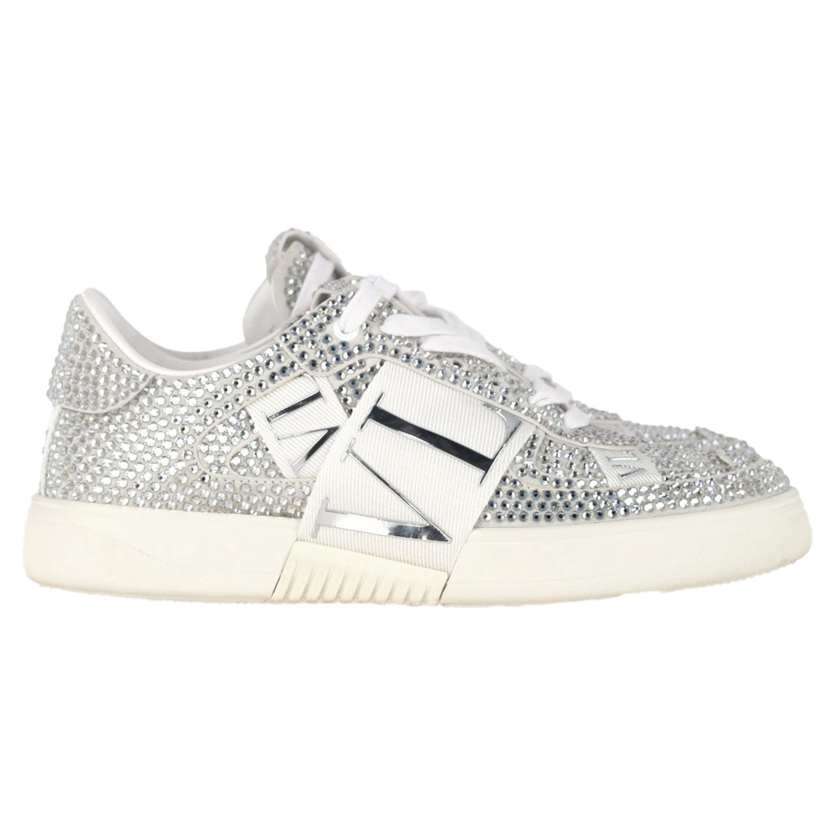Valentino VL7N Crystal-Embellished Low-Top Sneakers in White Leather