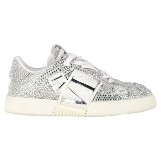 Valentino VL7N Crystal-Embellished Low-Top Sneakers in White Leather
