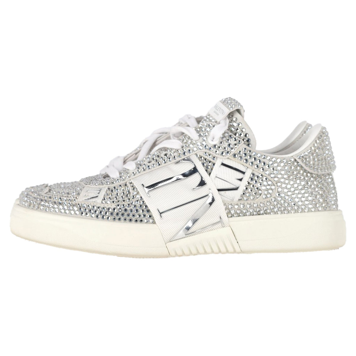 Valentino VL7N Crystal-Embellished Low-Top Sneakers in White Leather