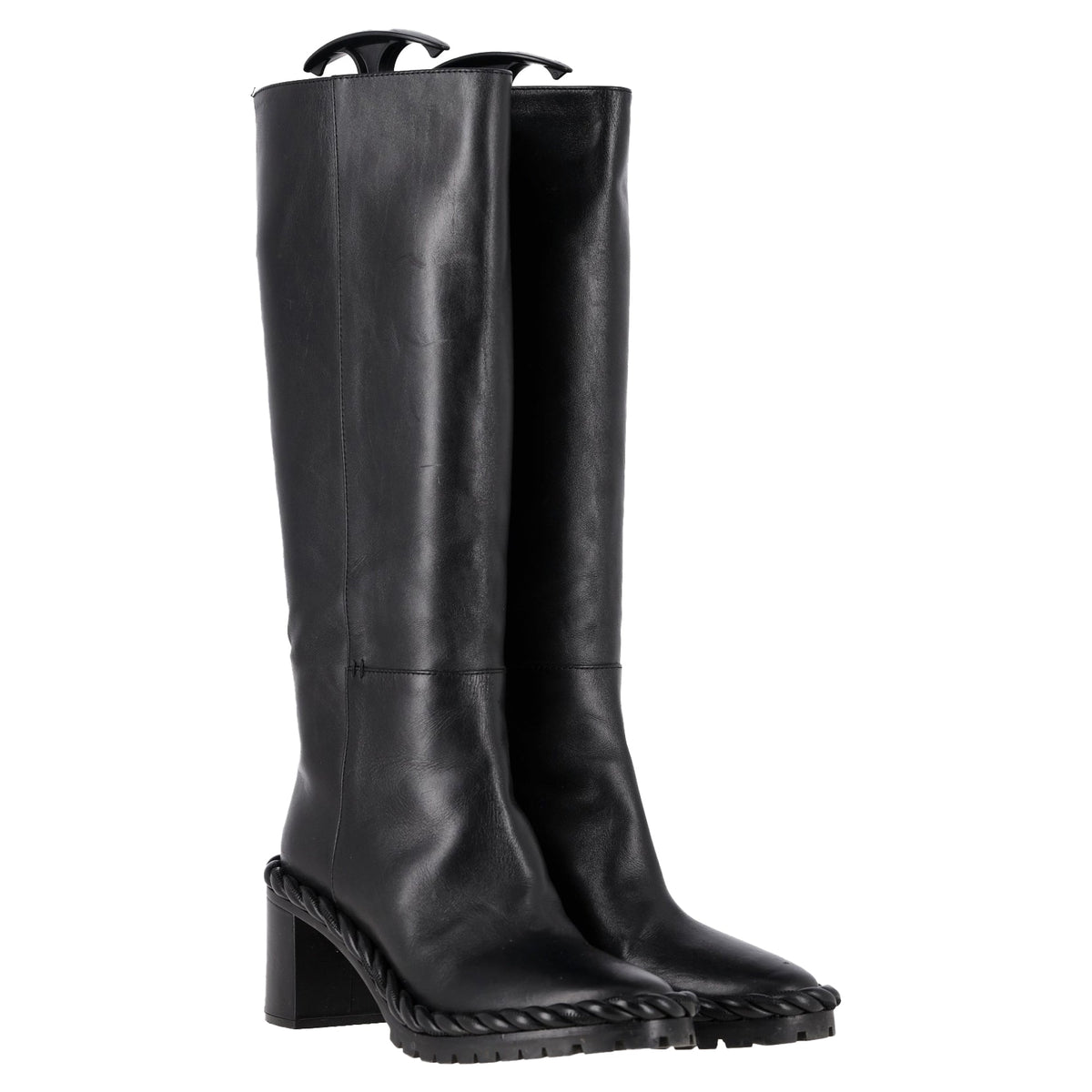 Valentino Garavani Rope Mid-Calf Block Heel Boots in Black Leather