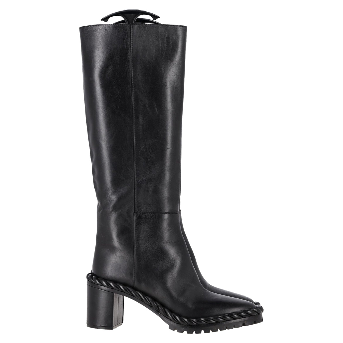 Valentino Garavani Rope Mid-Calf Block Heel Boots in Black Leather