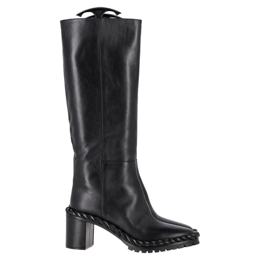 Valentino Garavani Rope Mid-Calf Block Heel Boots in Black Leather