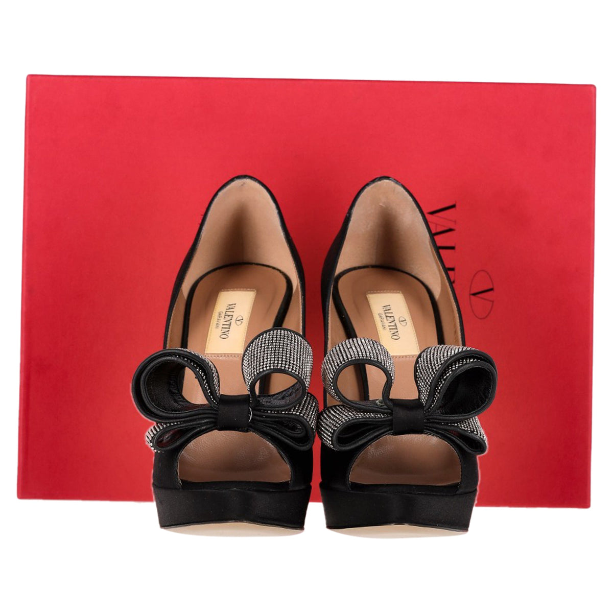 Valentino Bow Peep Toe Pumps in Black Satin
