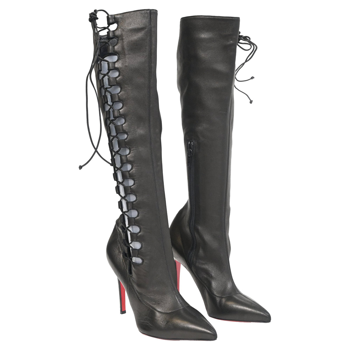 Christian Louboutin Goulue Lace Up Knee Boots in Black Leather
