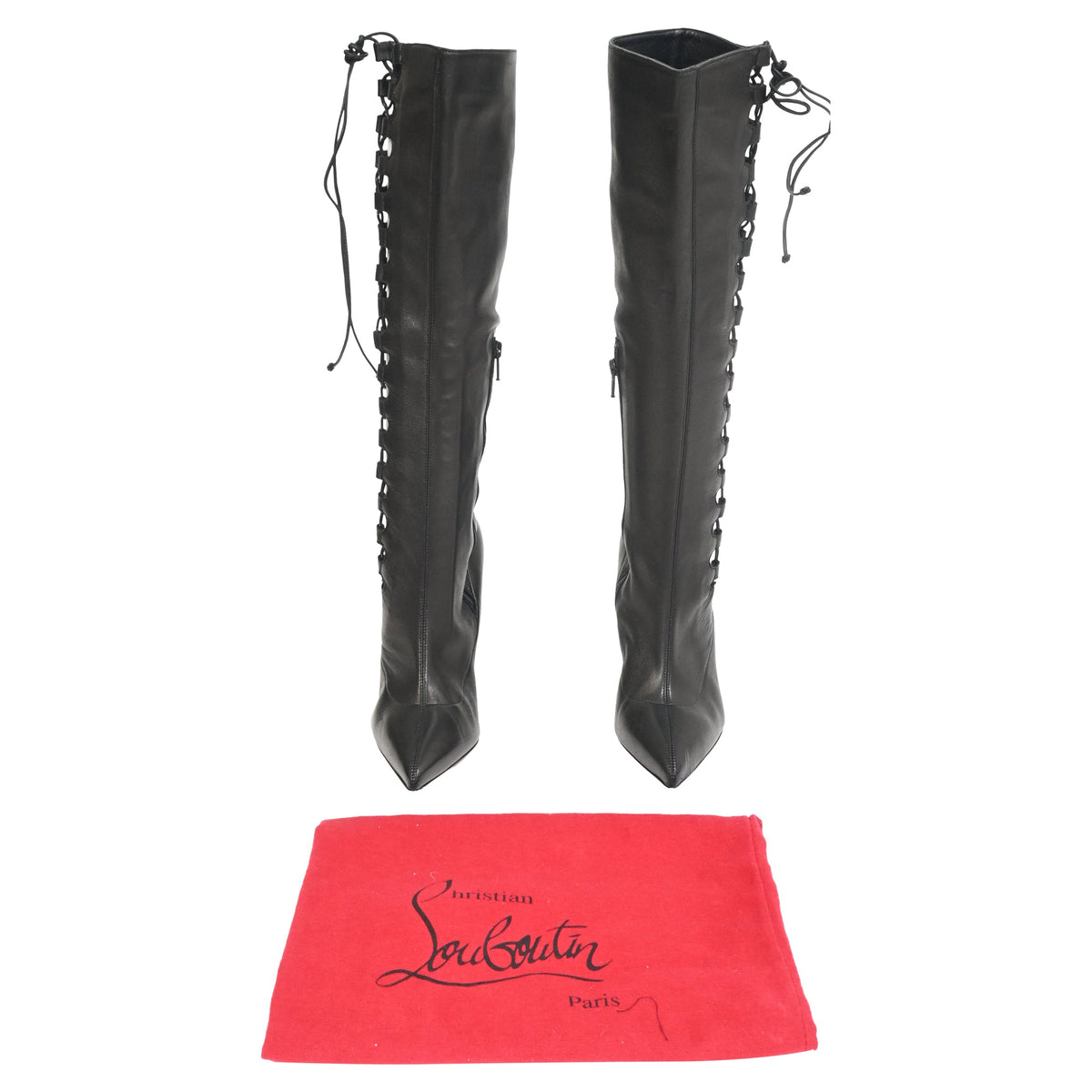 Christian Louboutin Goulue Lace Up Knee Boots in Black Leather