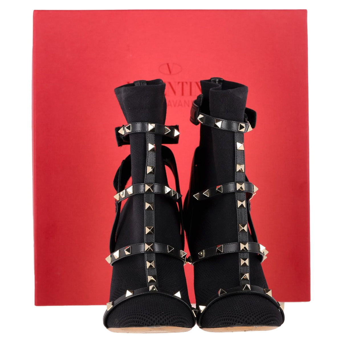 Valentino Knit Rockstud Caged Boots in Black Leather