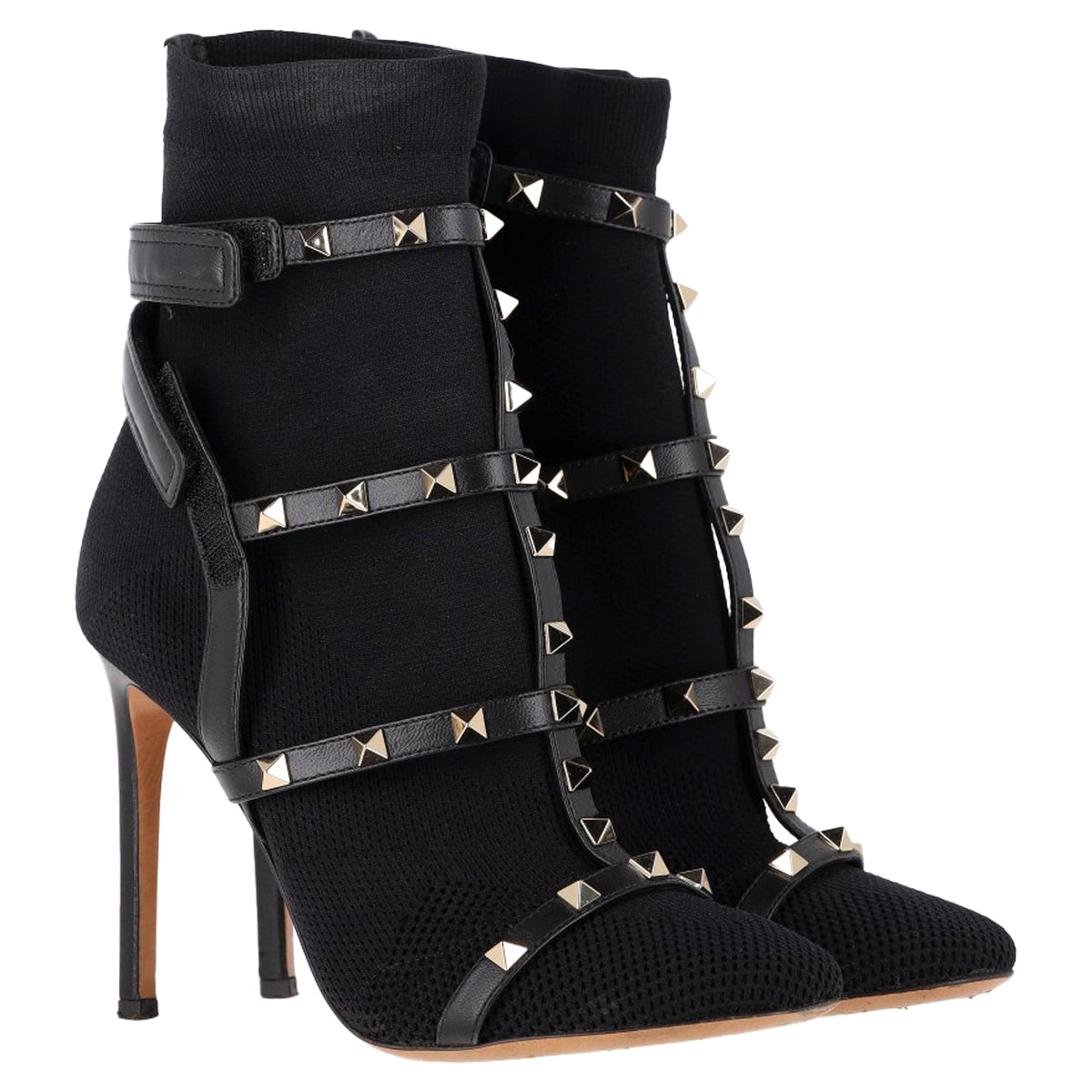 Valentino Knit Rockstud Caged Boots in Black Leather