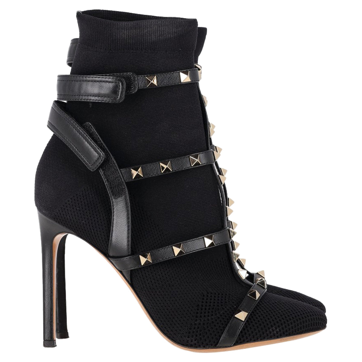 Valentino Knit Rockstud Caged Boots in Black Leather