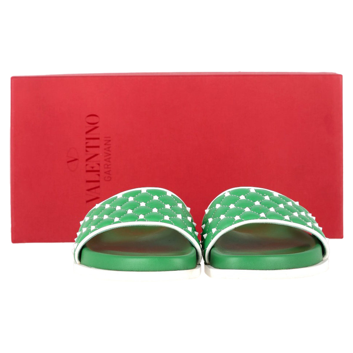 Valentino Garavani Rockstud Quilted Slides In Green Leather