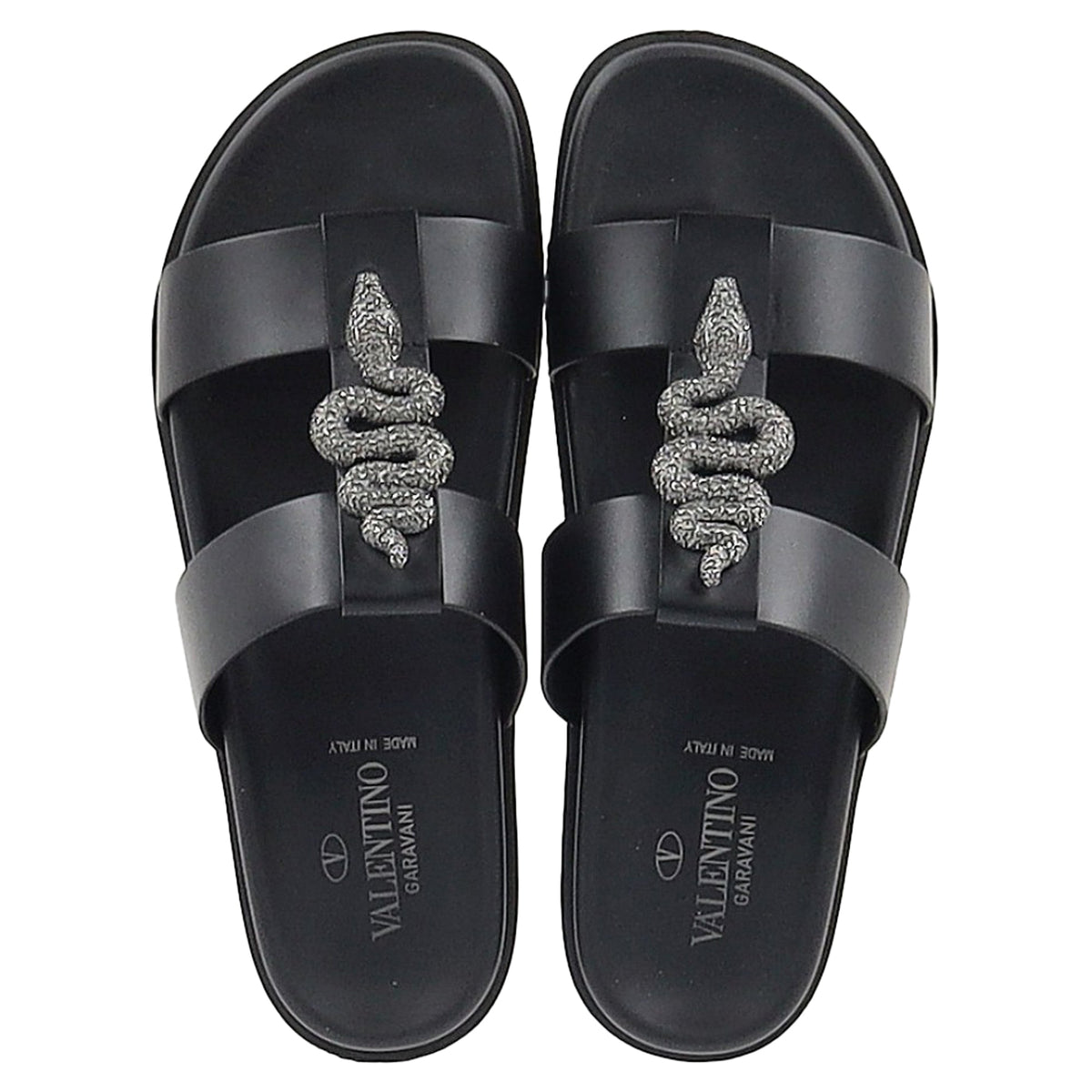 Valentino Garavani Serpent Snake Embellished Slippers in Black Leather