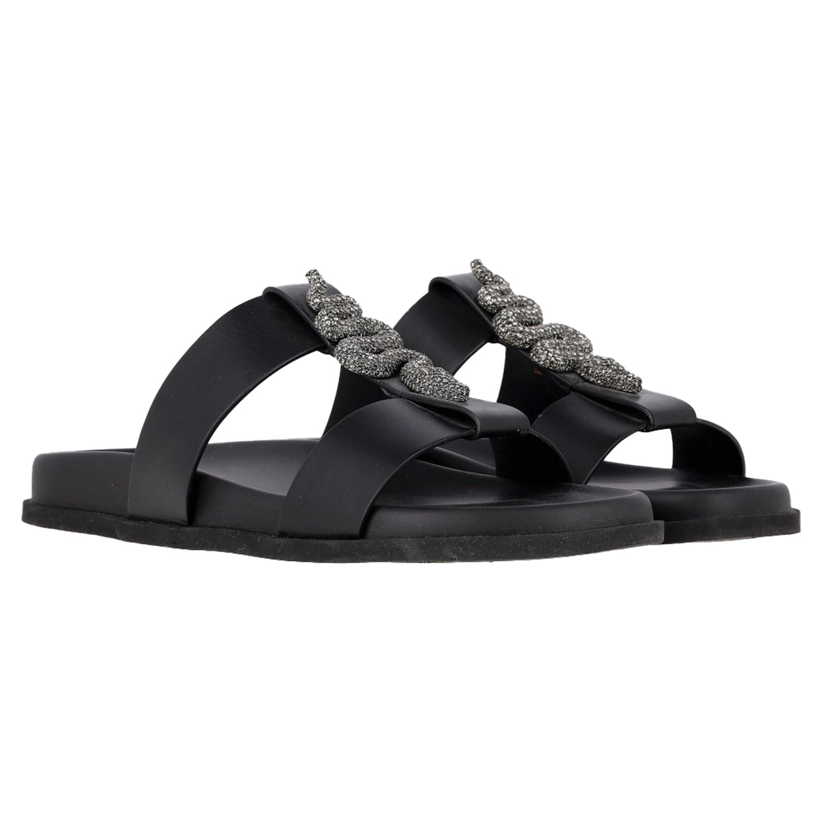 Valentino Garavani Serpent Snake Embellished Slippers in Black Leather